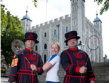 Badminton star Gail Emms joins the Yeoman of the Guard at the Tower of London to announce the player draw for the Yonex BWF World Badminton Championships Gail Emms & Beefeaters