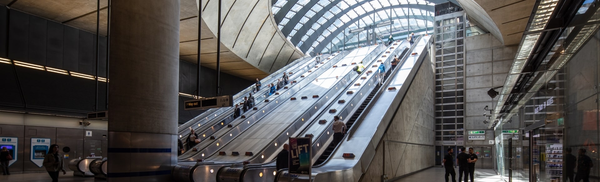 Escalators leading up to Canary Wharf