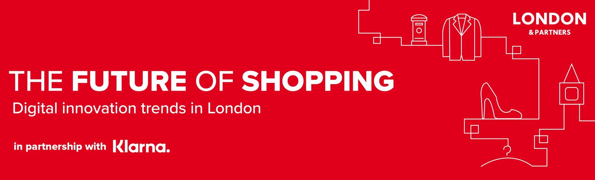 A red background with white text that reads The Future of Shopping, digital innovation trends in London, in partnership with Klarna