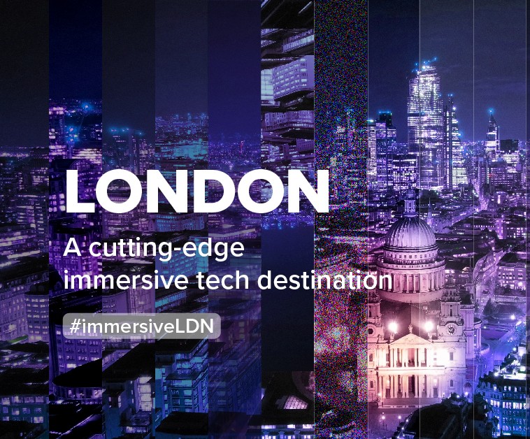 An edited image of night view of central London with text that reads "London a cutting-edge immersive tech destination"
