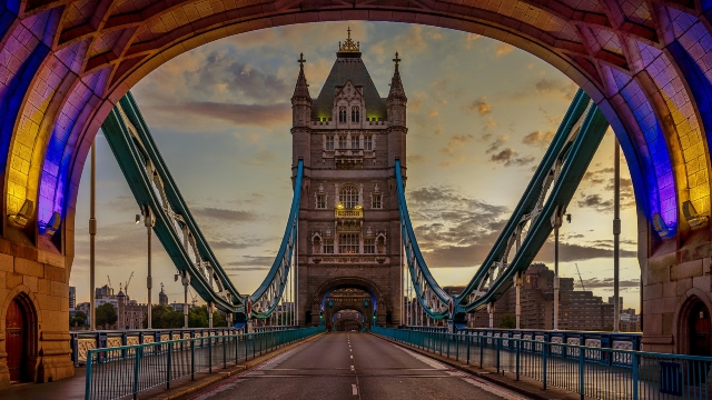 A view across an empty Tower Bridge at sunset