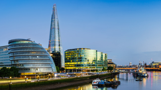 Front view of the Cityhall, the Shard and More London at the riverside.