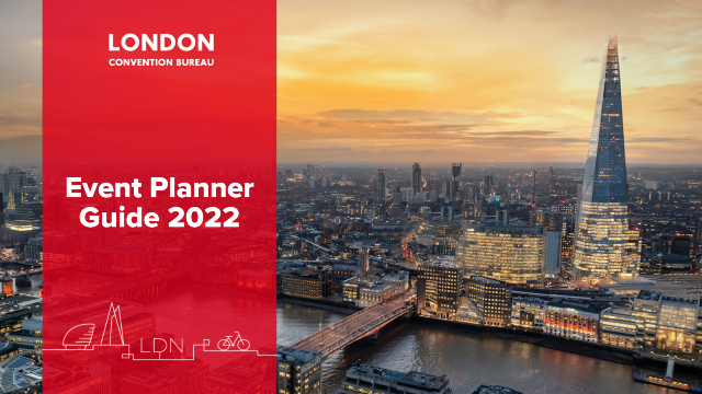 Front cover for the Event Planner Guide 2022 featuring the title and London & Partners logos with an image of The Shard