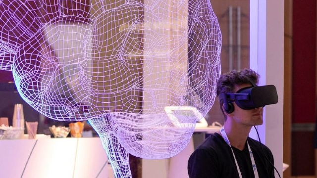 A futuristic shot of a man wearing a virtual reality headset.