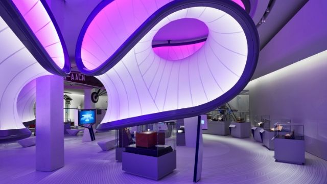 Purple LED light installation inside the Science Gallery