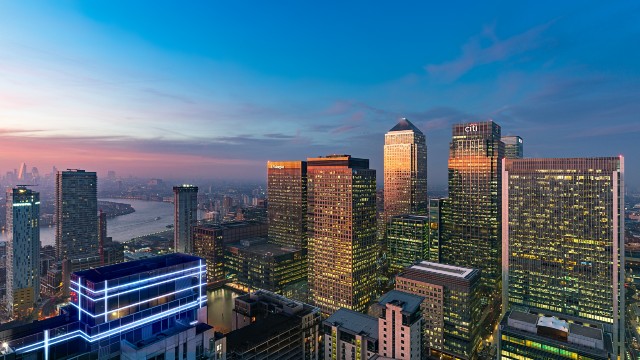 View of Canary Wharf skyline as the sun sets. 