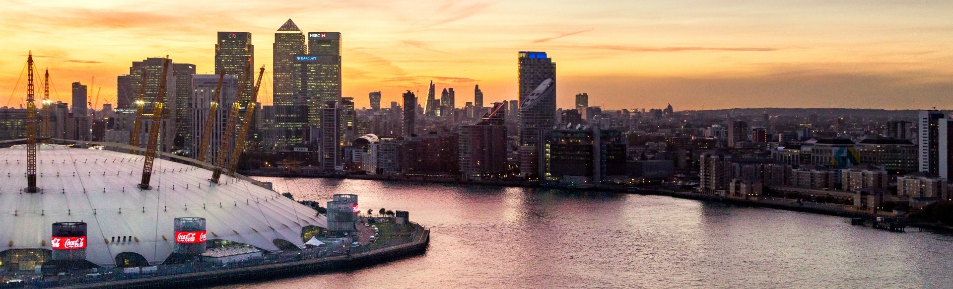 Sunset over the river Thames, The O2 and London’s skyline.