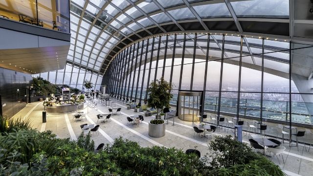 A leafy view over London from inside the top floor of Sky Garden.