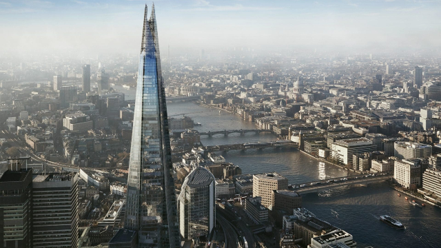 London is seen from an aerial view, with The Shard predominating the city.