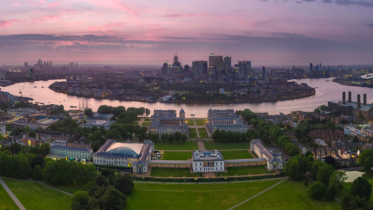 Panoramic view of Greenwich and the river Thames at sunset.