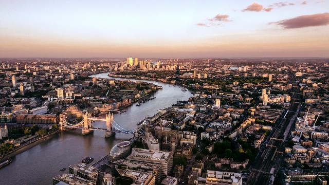 Aerial view of London and the river Thames at sunset 