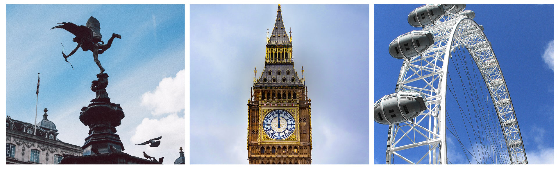 Three images of London - Eros at Piccadilly Circus, Big Ben, and the London Eye.