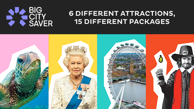Grafik in 5 Abschnitten: Text "Big City Saver: 6 versch. Attraktionen, 15 versch. Pakete", Bilder sind: Schildkröte, die Queen, London Eye und London Dungeon. 