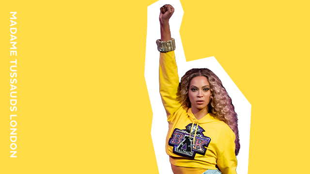 A graphic showing the singer Beyonce, with the wording "Madame Tussauds London".