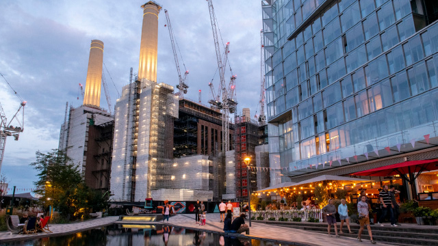 Outdoor cinema at Battersea Power Station in the evening