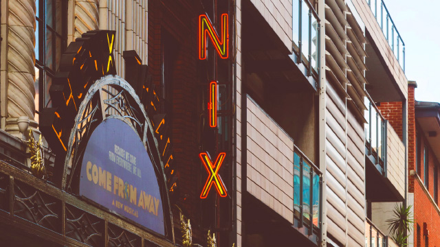 The colourful lights and façade of Phoenix Cinema