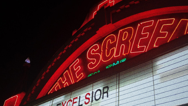Red neon lights on the façade of Screen on The Green London