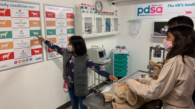 A young girl points to the image of a dog on a pannel in a veterinary cabinet at KidZania and two other children are observing.