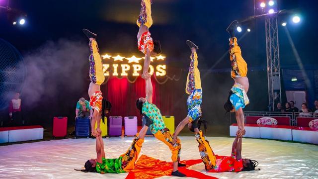 Tumblers perform circus acts at Zippo Circus in London. 