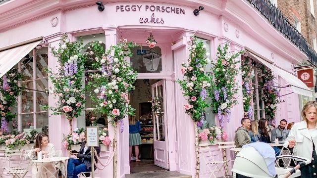 The pink floral shopfront of peggy porschen. 