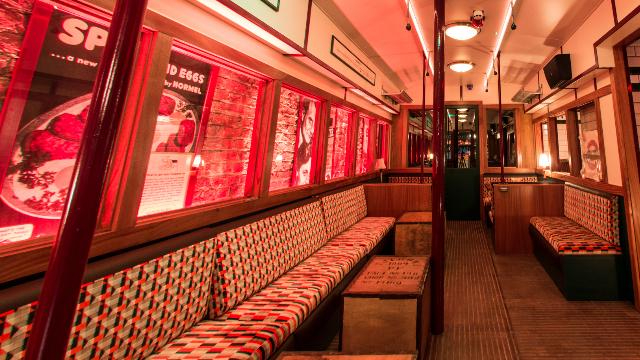 Cahoots bar in London, a bar which looks like an empty tube carriage.