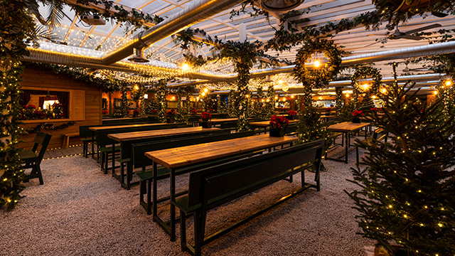 Pergola Paddington decorated with Christmas wreaths, trees and lights.