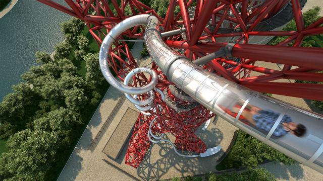 An aerial view of The Slide at ArcelorMittal Orbit, with a customer on the slide. Image courtesy of ArcelorMittal Orbit