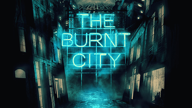 Offizielles Poster des immersiven Erlebnisses The Burnt City mit dem Bild einer dunklen Gasse und blauem Neonlicht über der Straße.