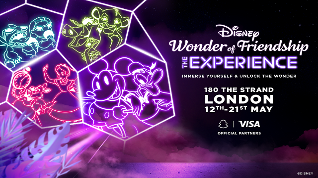 Poster with Disney characters including Mickey Mouse and Minnie Mouse in neon outlines.