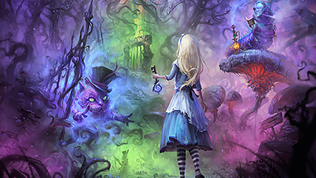 Alice in Wonderland looks at the Cheschire cat in what seems like a psychedelic forest.