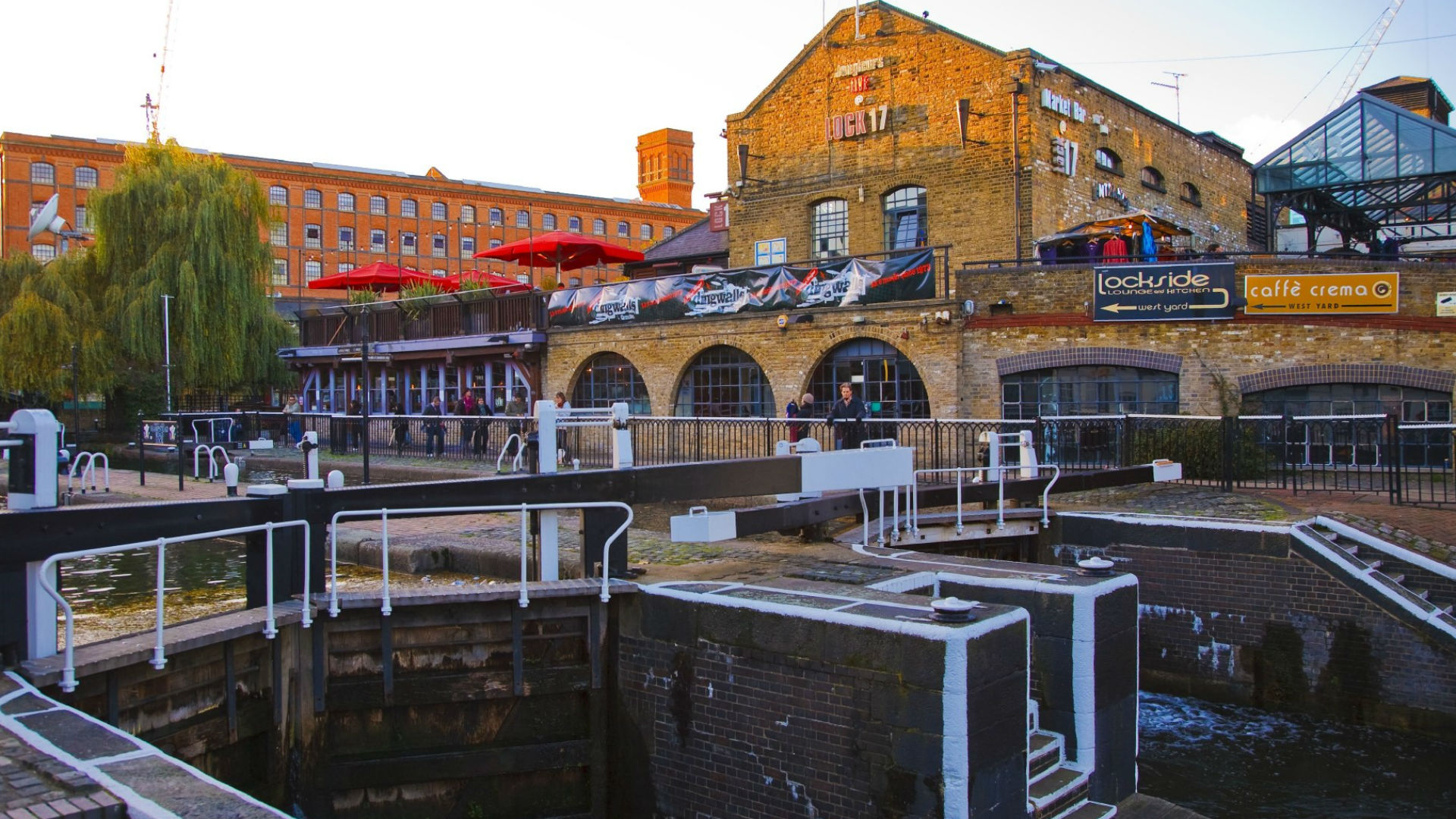 Camden Lock with bars and pubs in the background