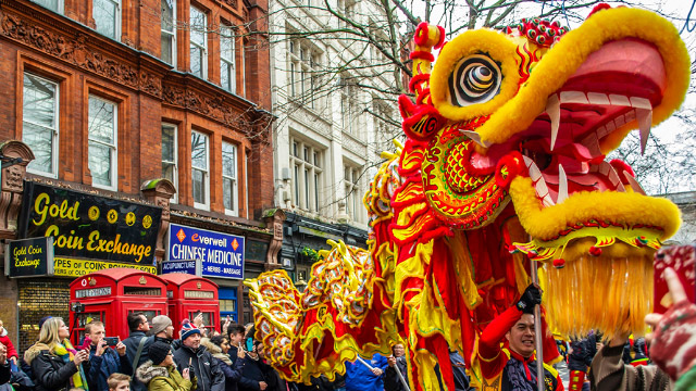 Dragon dance in Chinatown during the annual Chinese New Year celebrations.