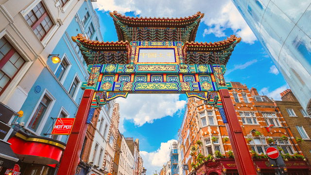Red and green gate in London's Chinatown. 