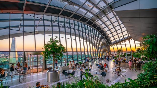 Enjoy summer activities such as visiting London's Sky Garden complete with trees and glass windows overlooking the City.