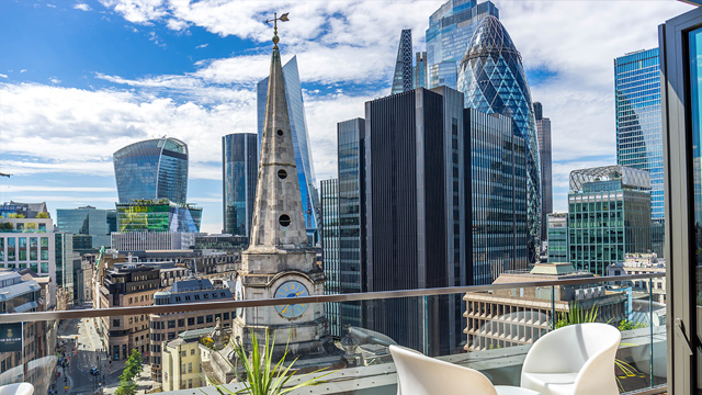 View over the City of London's skyscrapers on a clear day including the Gherkin and the Walkie-Talkie.
