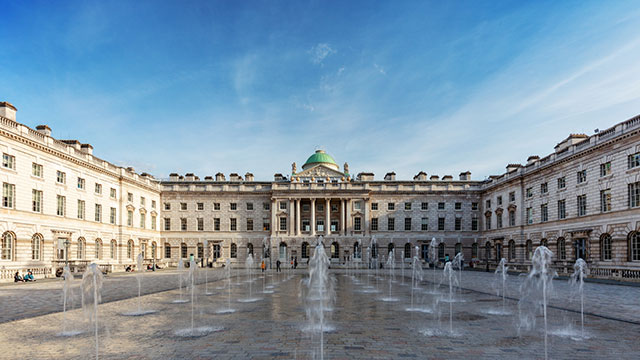 The fountains at Somerset house on a sunny day.