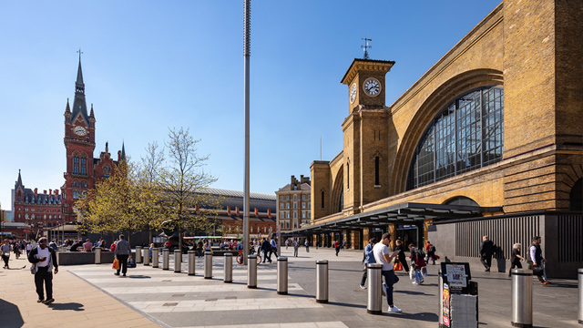 King's Cross and St Pancras station on a clear day with blue skies in London.