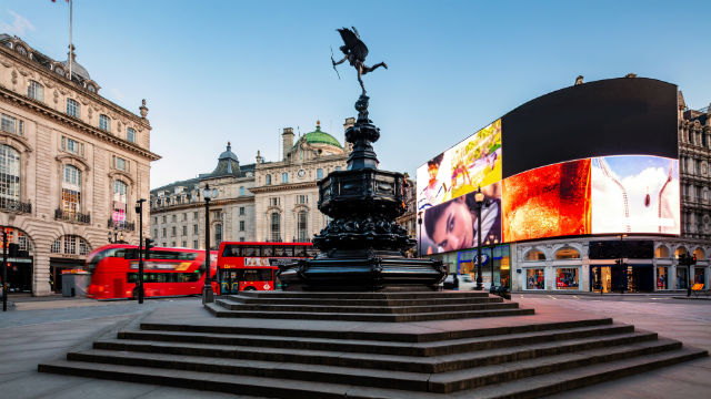 Shaftesbury Memorial Fountain, also known as Eros, on Piccadilly Circus in London's West End.