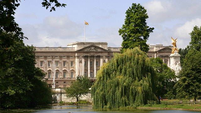 View of Buckingham Palace from St James's Park in Westminster, London. 