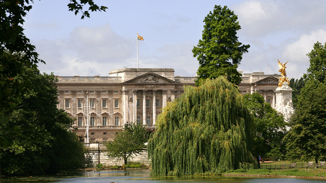 View of Buckingham Palace from St James's Park in Westminster, London.