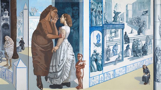 A painting of blue and brown colours depicting cravelli's garden by paula rego that is exhibiting at the national gallery museum in london