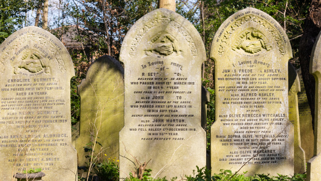 Victorian headstones at Tower Hamlets Cemetery Park in London