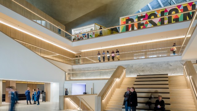 A view of  the central staircase  and different levels inside The Design Museum.
