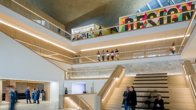 A view of the central staircase and different levels inside The Design Museum.