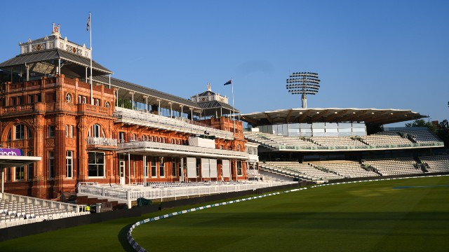 A view of the stands and the edge of the pitch at Lord's cricket ground.