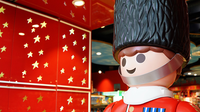 A giant toy soldier stands in Hamleys toy shop.