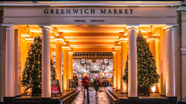 Two Christmas trees at the entrance to Greenwich Market, London