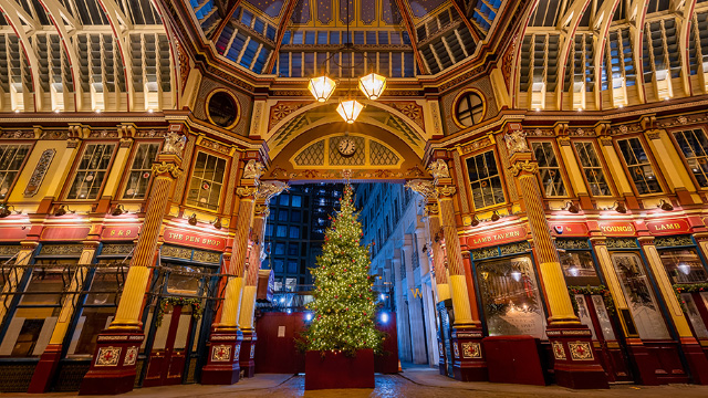 Christmas tree in Leadenhall Market at night in London