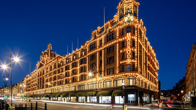 White lights covering the exterior of Harrods in Knightsbridge, London