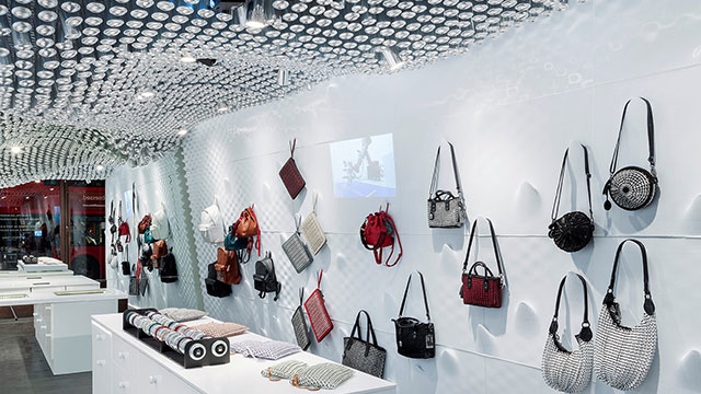 Sustainably sourced  handbags and accessories decorate the walls of BOTTLETOP